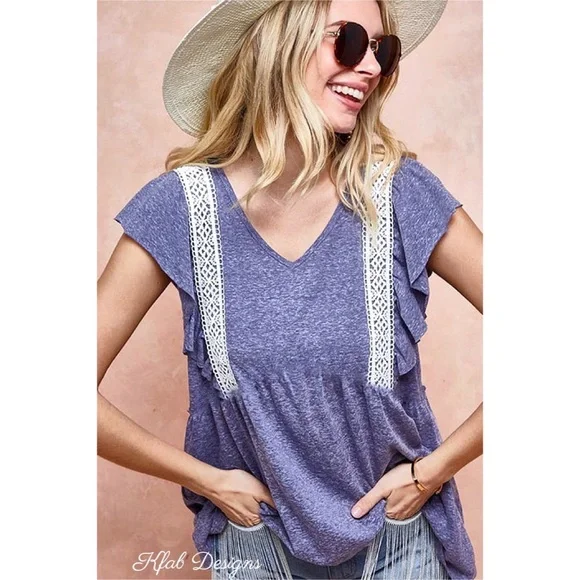 ❤️NEW! V Neck Tri Blend Soft Knit Top with Crochet Lace Detail! - Picture 1 of 10